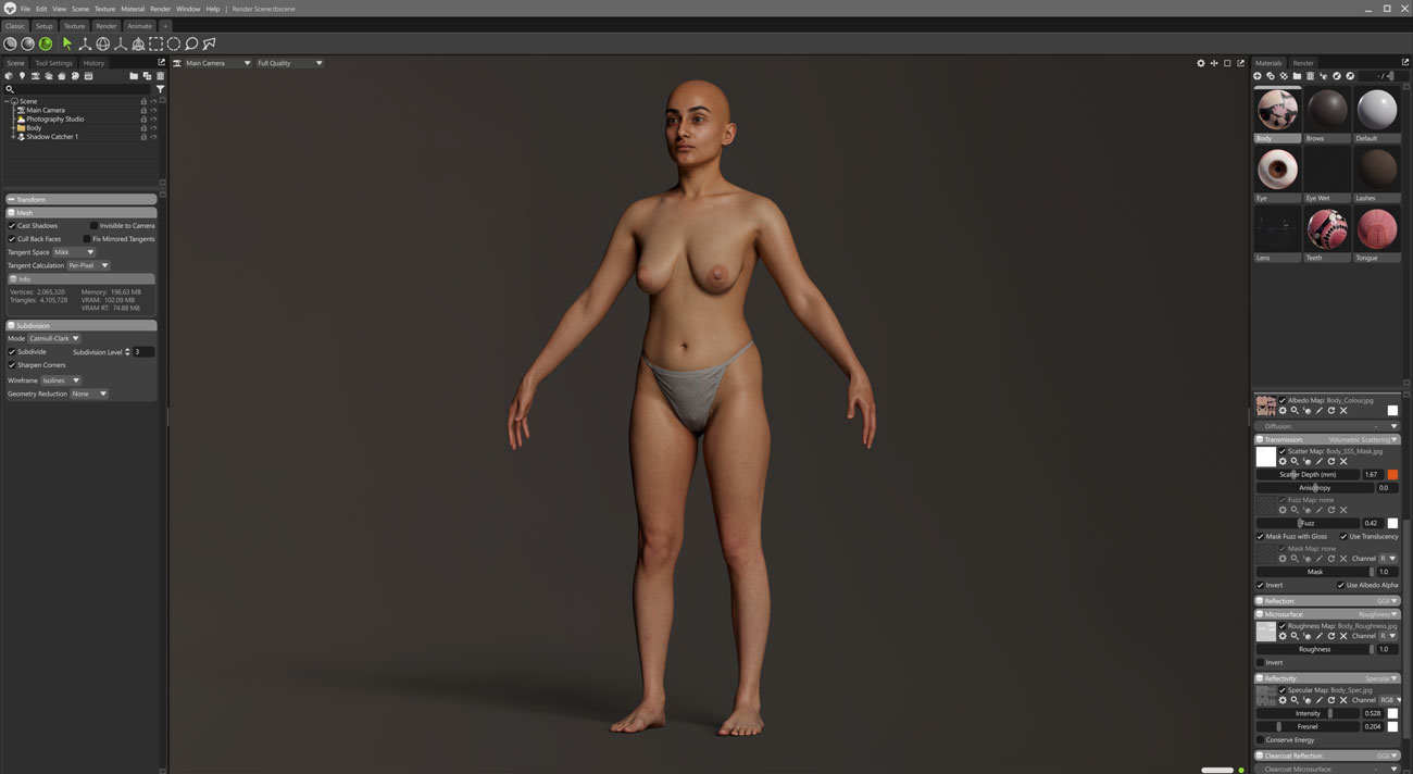 Marmoset Toolbag real-time scene render of a female 3D body scan with PBR lighting and skin shading